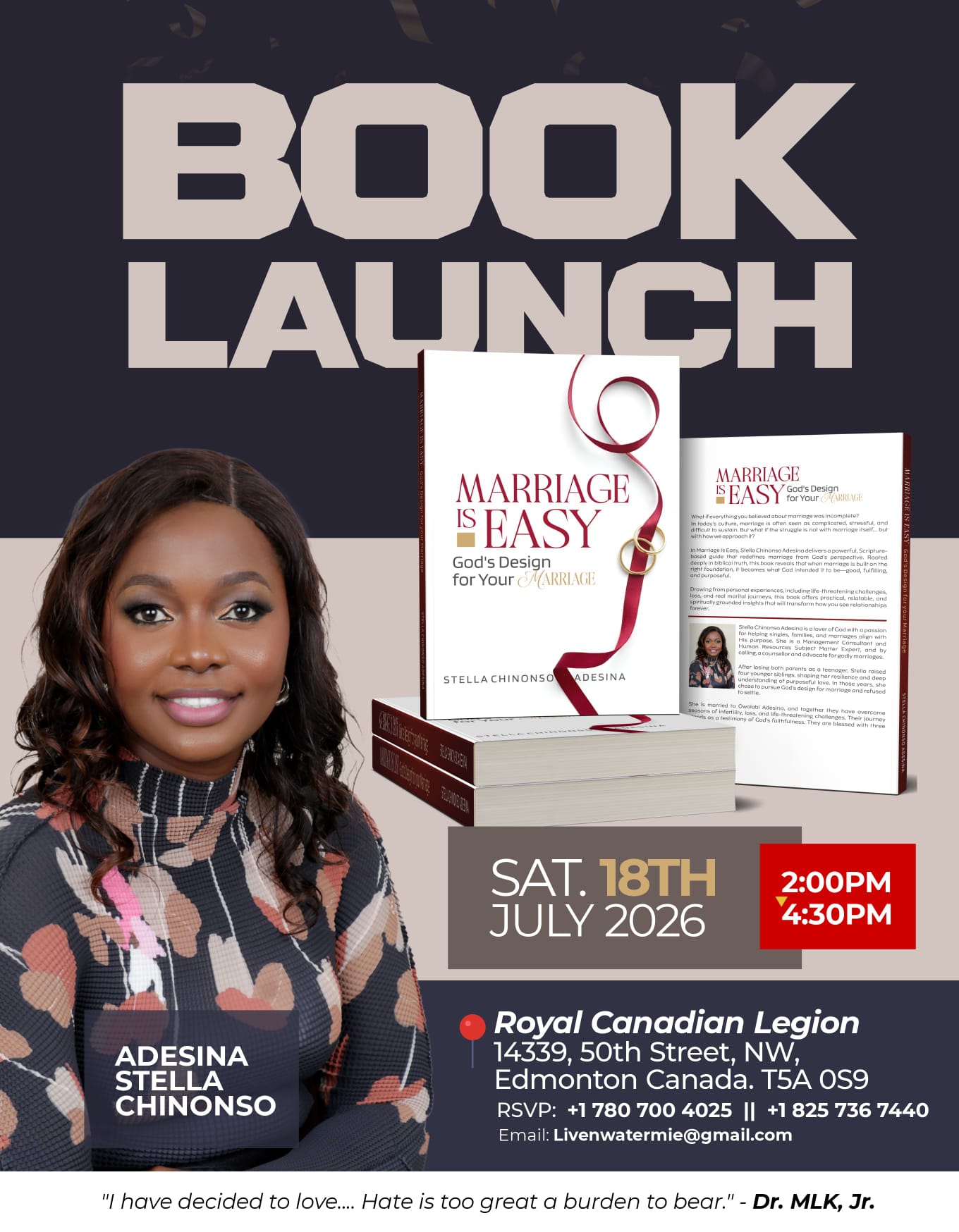 Marriage is Easy book launch banner with date, venue, and RSVP details